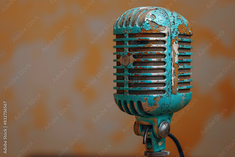 Poster a retro microphone with teal paint cascading down against a soft beige background,