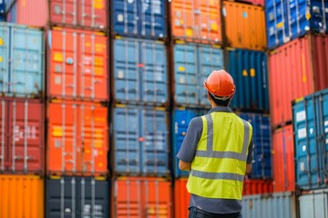 Worker in high visibility vest stands at the cargo port for freight transportation