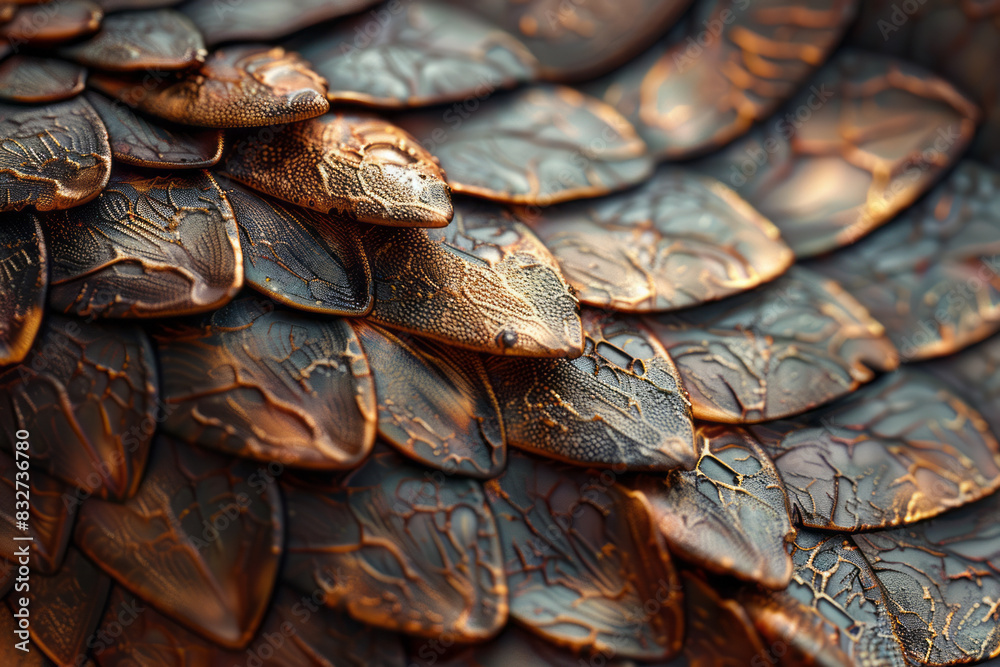 Poster Macro image of a birthmark that forms a dragon, with intricate scales and wings,