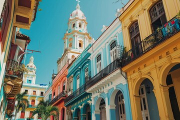 Obraz premium Tourist destination colorful city candy buildings South America architecture old houses palms art home exterior facade town streets historic exploration warm tropical county tourism aesthetic