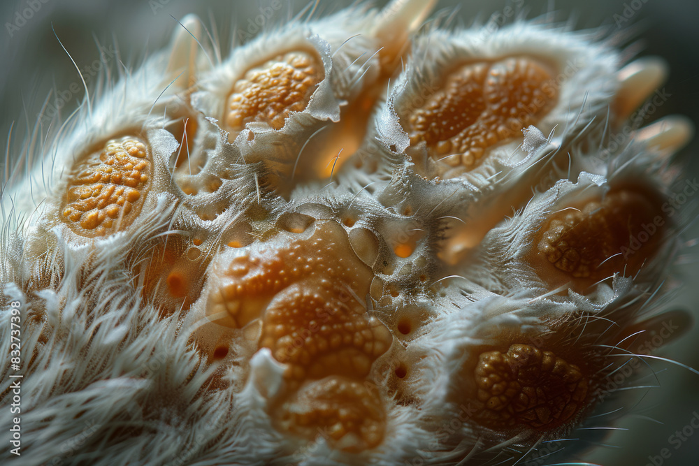 Poster Macro view of a birthmark in the shape of a paw print, with soft curves and skin texture,