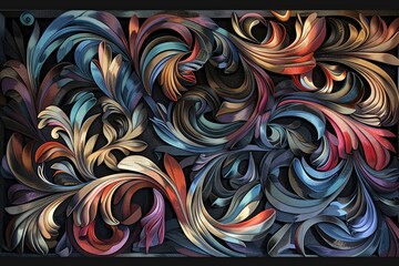 Vibrant Tribal Colorful Woodcarving Style on Black Background 