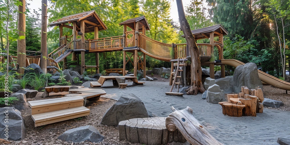 Wall mural natureinspired playground with treehouse structures, wooden bridges, and natural elements