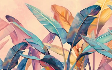 Illustration of tropical wallpaper print design with palm banana leaves and birds on canvas texture. Tropical plants and birds on textured background. AI generated illustration