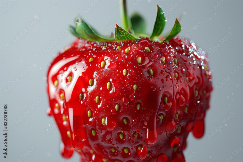 Poster a close-up of a steel strawberry with red paint dripping down its smooth surface against a white bac