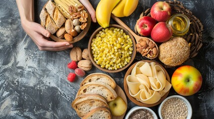 Various types of pasta, bread, nuts, and fruits on a dark textured background. Flat lay food...