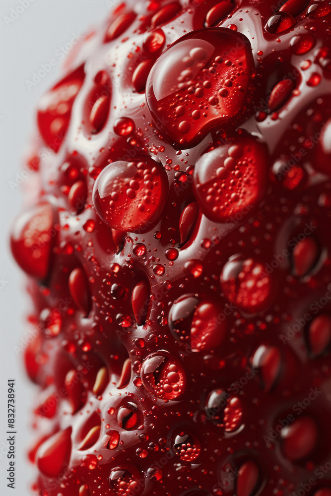 Poster macro image of red paint forming droplets on the surface of a steel strawberry against a bright whit