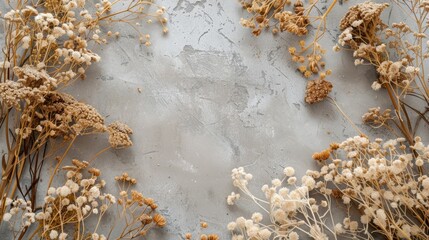 Dried flowers and foliage arranged on a light gray textured background. Flat lay composition with copy space for floral decoration and design concept