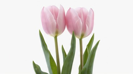   Three pink tulips in a vase against a white backdrop, with some green leaves in the foreground
