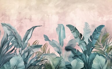 Illustration of tropical wallpaper print design with palm banana leaves and birds on canvas texture. Tropical plants and birds on textured background. AI generated illustration