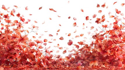   A white background with a group of trees blowing red leaves in the wind and white sky overhead