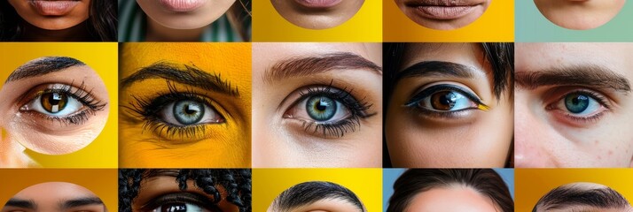 Compilation of various human eyes in detailed close up collage for artistic display