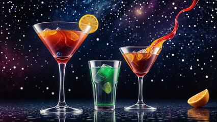 Vibrant Cocktails with Swirling Colors Against Starry Background