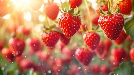   A close-up of several strawberries hanging from a tree, illuminated by sunlight behind them