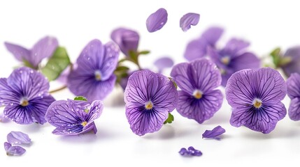   Purple flowers scattered on a white surface with falling petals