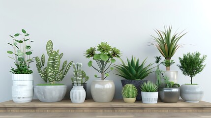 3D rendering of various indoor plants in pots and on a wooden sideboard against a white background, featuring green houseplants for indoor decor and decoration design concepts