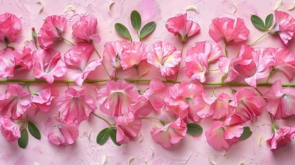   A close-up of pink flowers on a pink background with green stems on either side of the photo