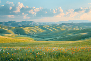 Obraz premium Musical notes weaving through a dreamy landscape of rolling hills and pastel skies,