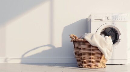 A wicker basket with a white towel standing near a white washing machine on a white background. Copy space