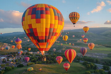 Obraz premium A panoramic shot of a hot air balloon festival, with dozens of balloons in various shapes and colors filling the sky above a picturesque valley.
