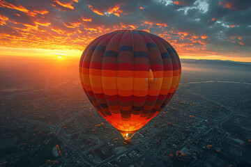 Obraz premium A family enjoying a hot air balloon ride, with children peering over the edge of the basket and pointing out landmarks below, all framed by a wide-open sky.