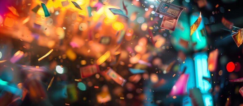 Festive background with flying lottery tickets and colorful confetti against a backdrop of bright lights and bokeh. Copy space