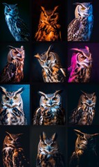 Series of owl portraits featuring dramatic colored lighting, highlighting their predatory features