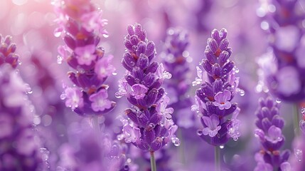   A close-up of purple flowers with water droplets on their petals in the foreground