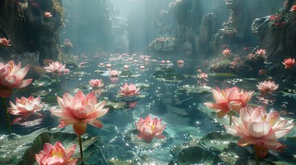  A cluster of pink water lilies floating atop a serene body of water in proximity to a verdant forest