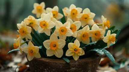   Yellow daffodils sit in a pot on the ground, water droplets decorate their petals