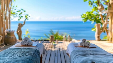 Two massage tables with rolls of white towels awaiting clients for a couples massage, against the backdrop of the sea on a bright sunny day. Outdoor massage under a canopy. Copy space - Powered by Adobe