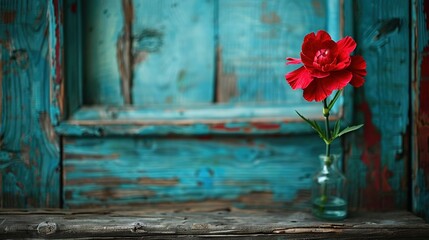   A red flower in a glass vase sits on a wooden table, facing an old blue door