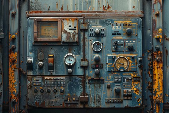 Rusty panel with gauges and controls close-up
