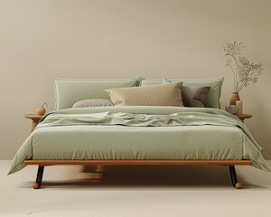 Design an image of a bed in a minimalist style, highlighting light green and pale black tones. 