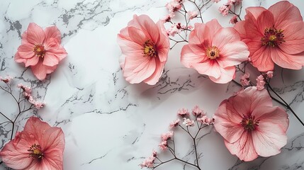  Pink flowers on a marble surface with a pink center in the foreground and a pink center in the background - Powered by Adobe