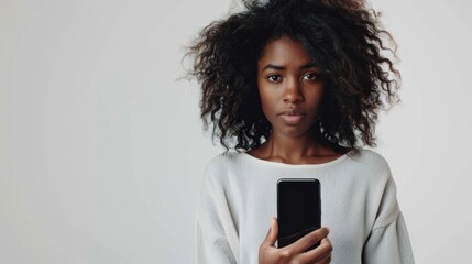 Naklejka premium Black Woman With Cell Phone. Young Female Showing Mobile Display on Blank Studio Background