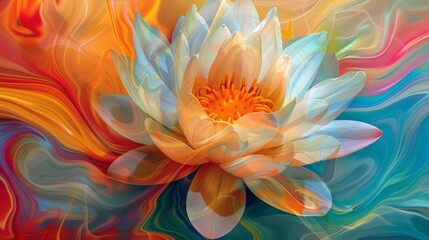 An artistic interpretation of a lotus flower with vibrant colors and swirling petals.