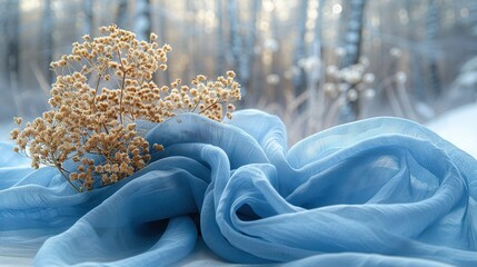   A collection of desiccated blossoms resting atop a turquoise fabric, adjacent to a dense woodland draped in snow-covered foliage