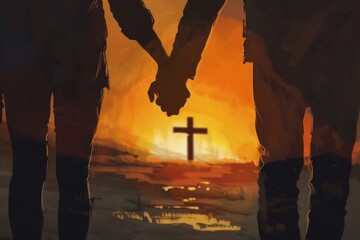 Hand in hand, two people holding the cross together with their hands Sunset background Generative AI