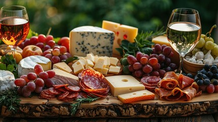   An array of cheeses, meats, and cheeses on a wooden board accompanied by two glasses of wine