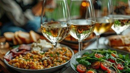  A photo of a wine glass sitting atop a table alongside plates of food, salad, and bread