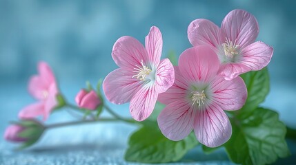   A cluster of pink blossoms perched atop a turquoise tablecloth, surrounded by lush green foliage against a soft azure backdrop