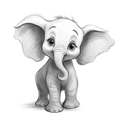 Cute baby elephant. Cartoon character isolated on white background. Illustration in pencil sketch style