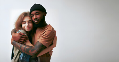Obraz premium Love between young people. A boy and a girl of different races hugging.