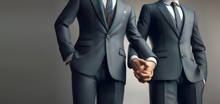 Pareja gay d&aacute;ndose la mano con trajes de negocios. Amor entre socios comerciales en acuerdo corporativo.