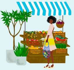 marché fruits femme noire été sac courses robe courses filet mode bio