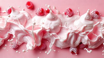   A photo with a pink backdrop featuring raspberries, milk, and whipped cream