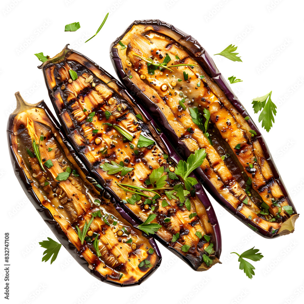 Wall mural grilled eggplant with herbs isolated on transparent background. generative ai.