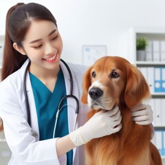 Veterinarian, an animal doctor checking a dog at a vet clinic Isolated on white background