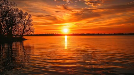 A stunning Midwestern sunset casting orange hues on peaceful lake waters